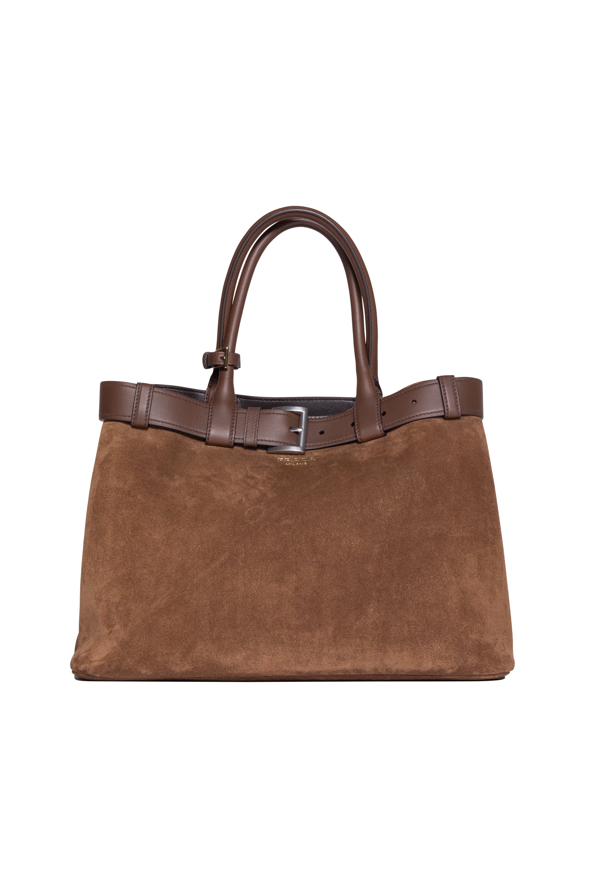 Prada Large Buckle Suede Bag With Belt in Cocoa - Xia Office