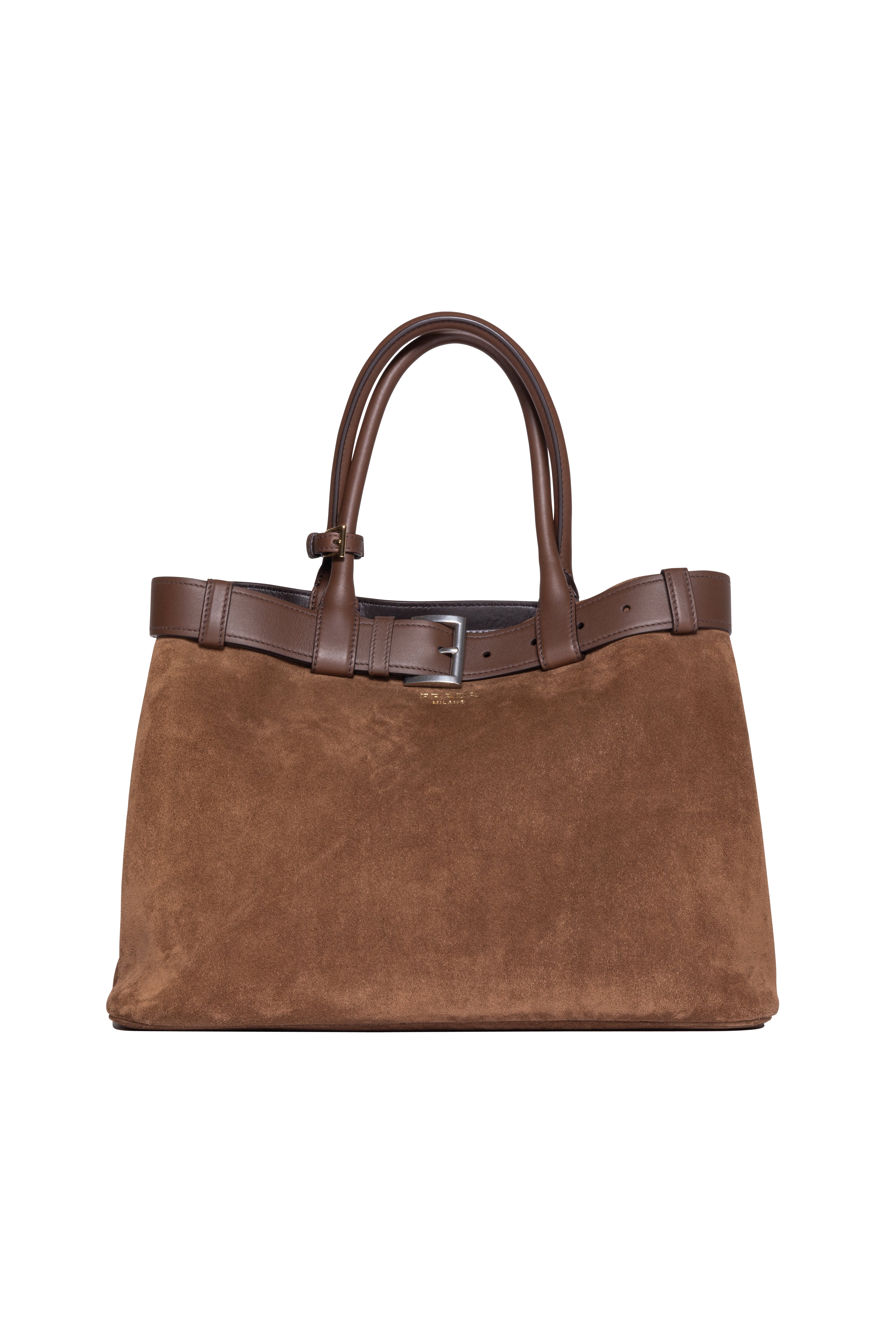 Prada Large Buckle Suede Bag With Belt in Cocoa - Xia Office