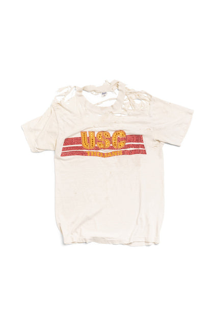 Vintage USC Trojans Distressed T-Shirt with Hand-embellished Rhinestones - Xia Office